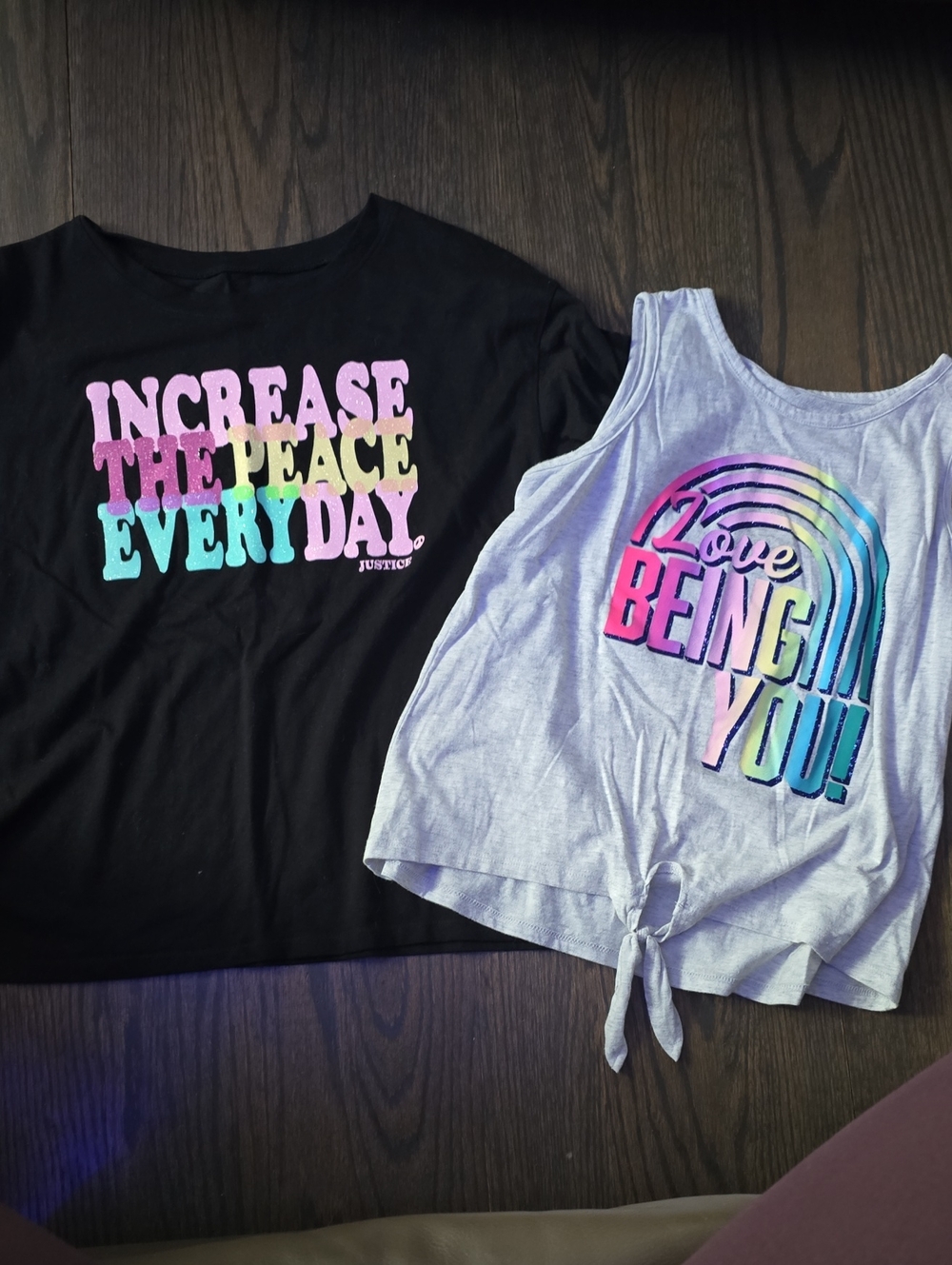 Justice Black Graphic Tee & Light Gray Tie-Front Tank Set with Rainbow Print